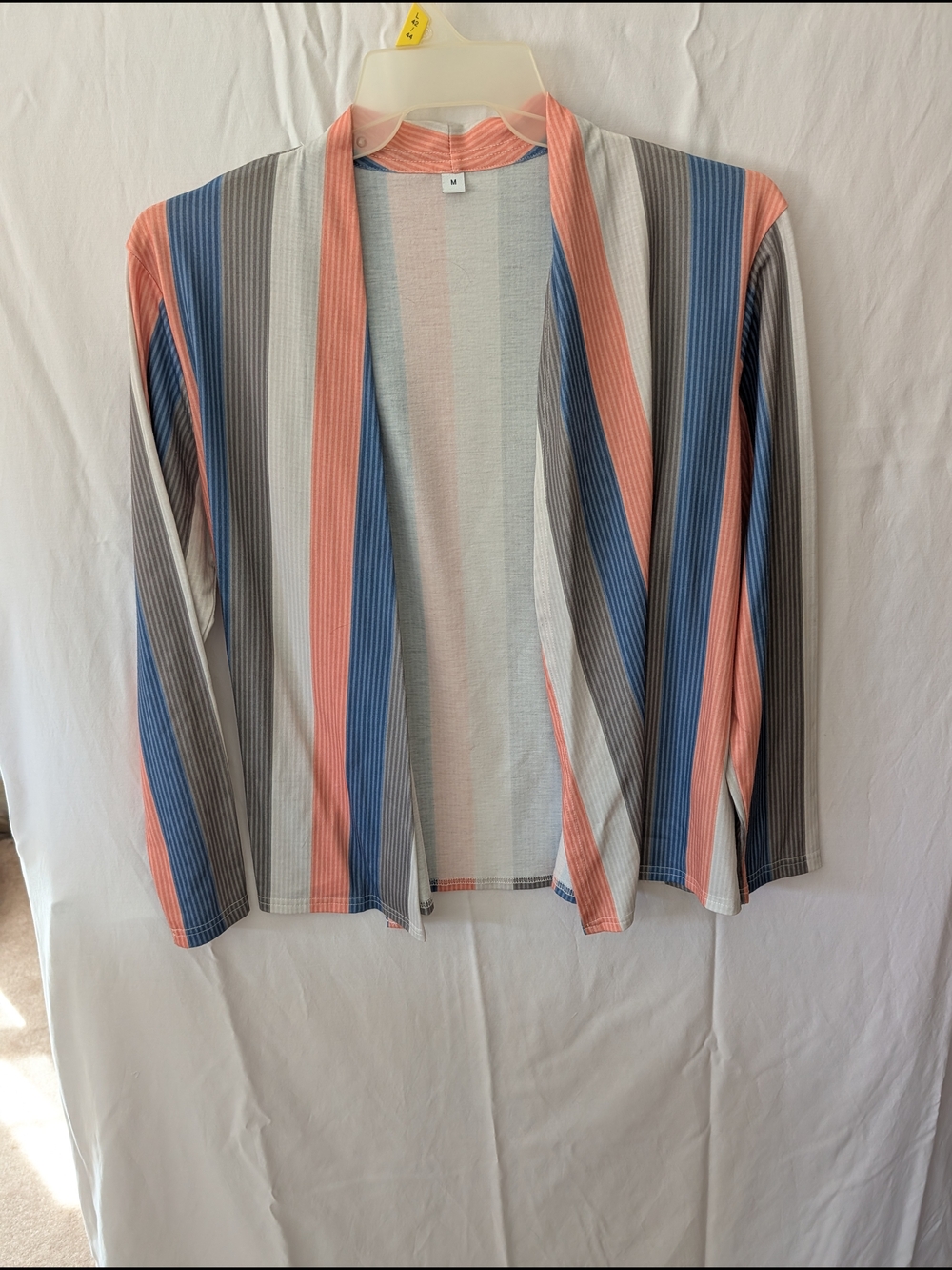 Striped Open Front Cardigan in Coral, Blue & Gray